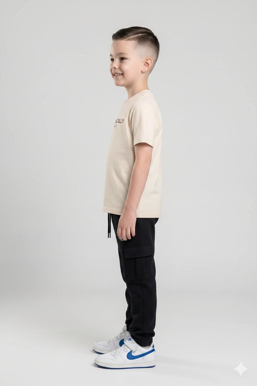 Boys Black Regular Fit Brand Logo Printed Cotton Joggers