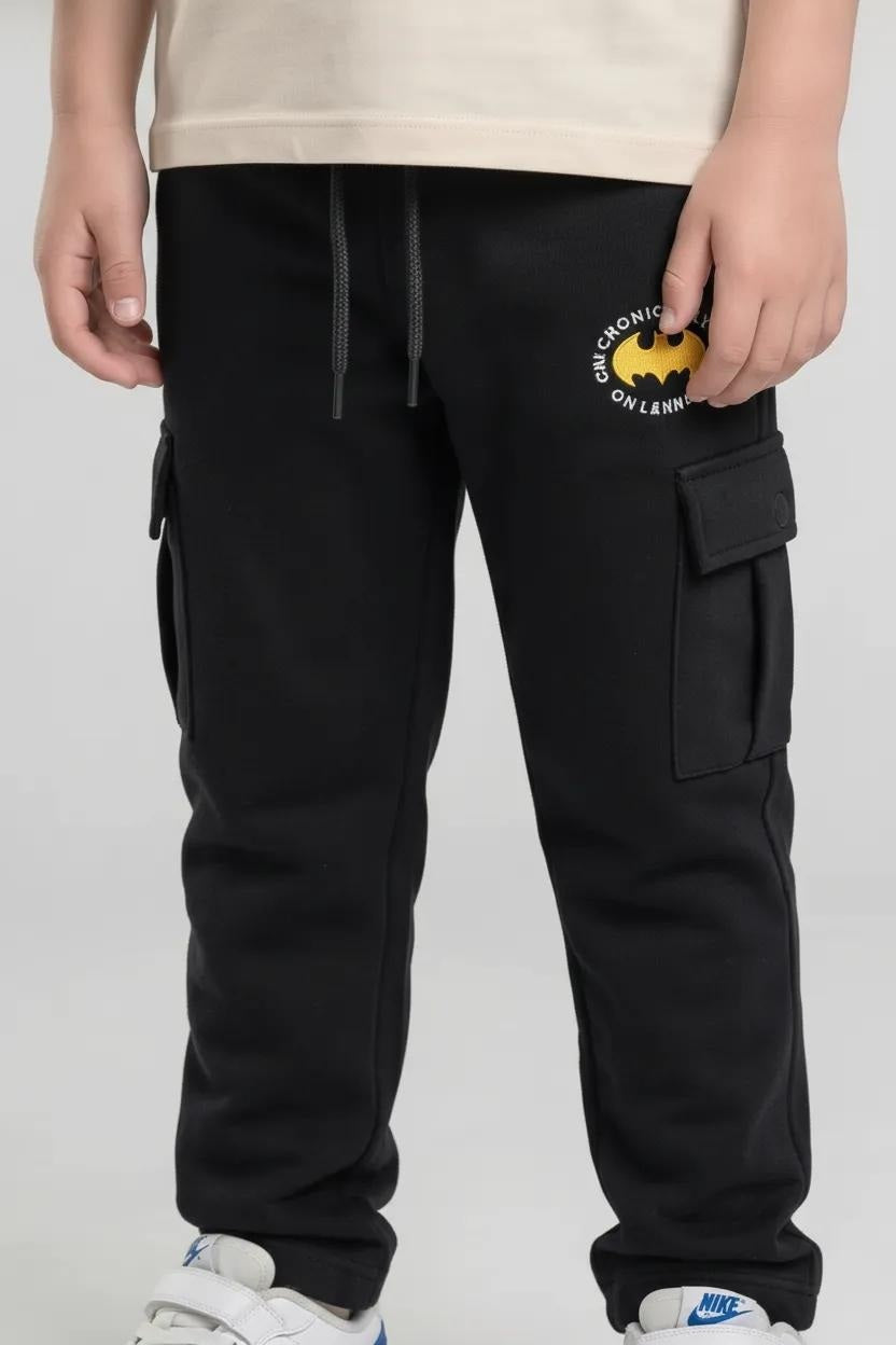 Boys Black Regular Fit Brand Logo Printed Cotton Joggers