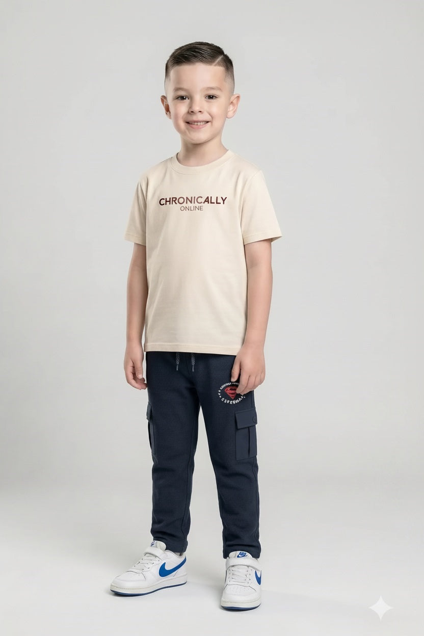 Boys Navy Regular Fit Brand Logo Printed Cotton Joggers