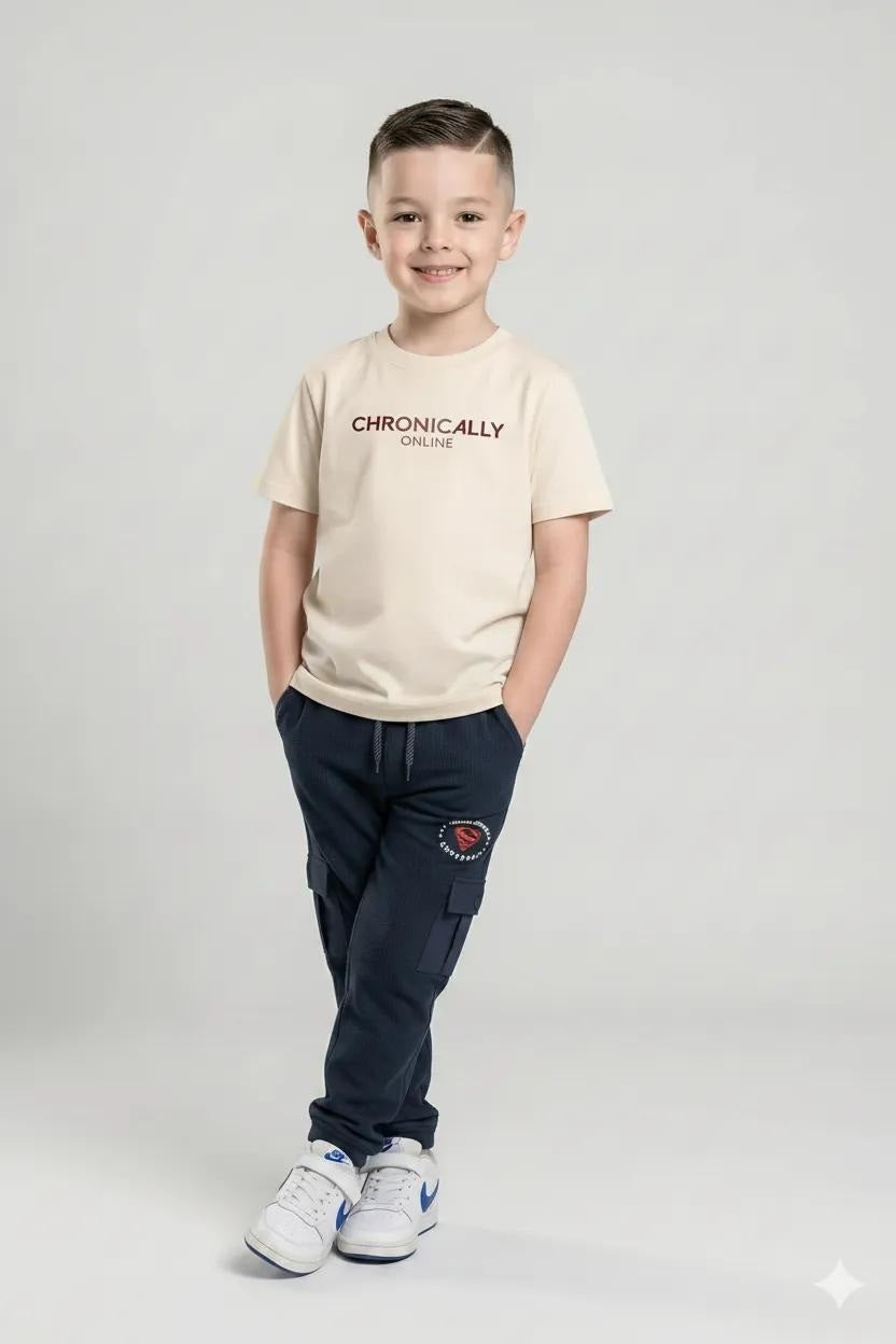 Boys Navy Regular Fit Brand Logo Printed Cotton Joggers