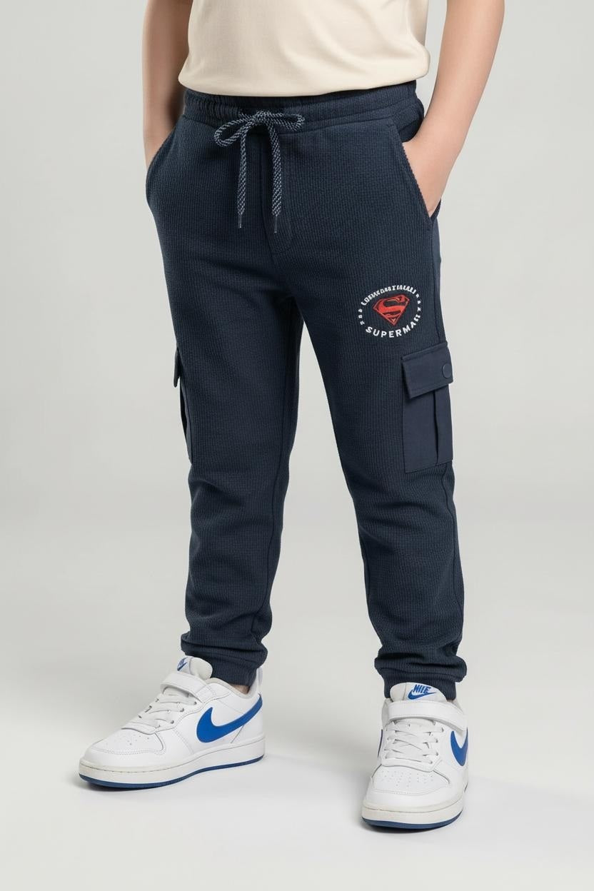 Boys Navy Regular Fit Brand Logo Printed Cotton Joggers