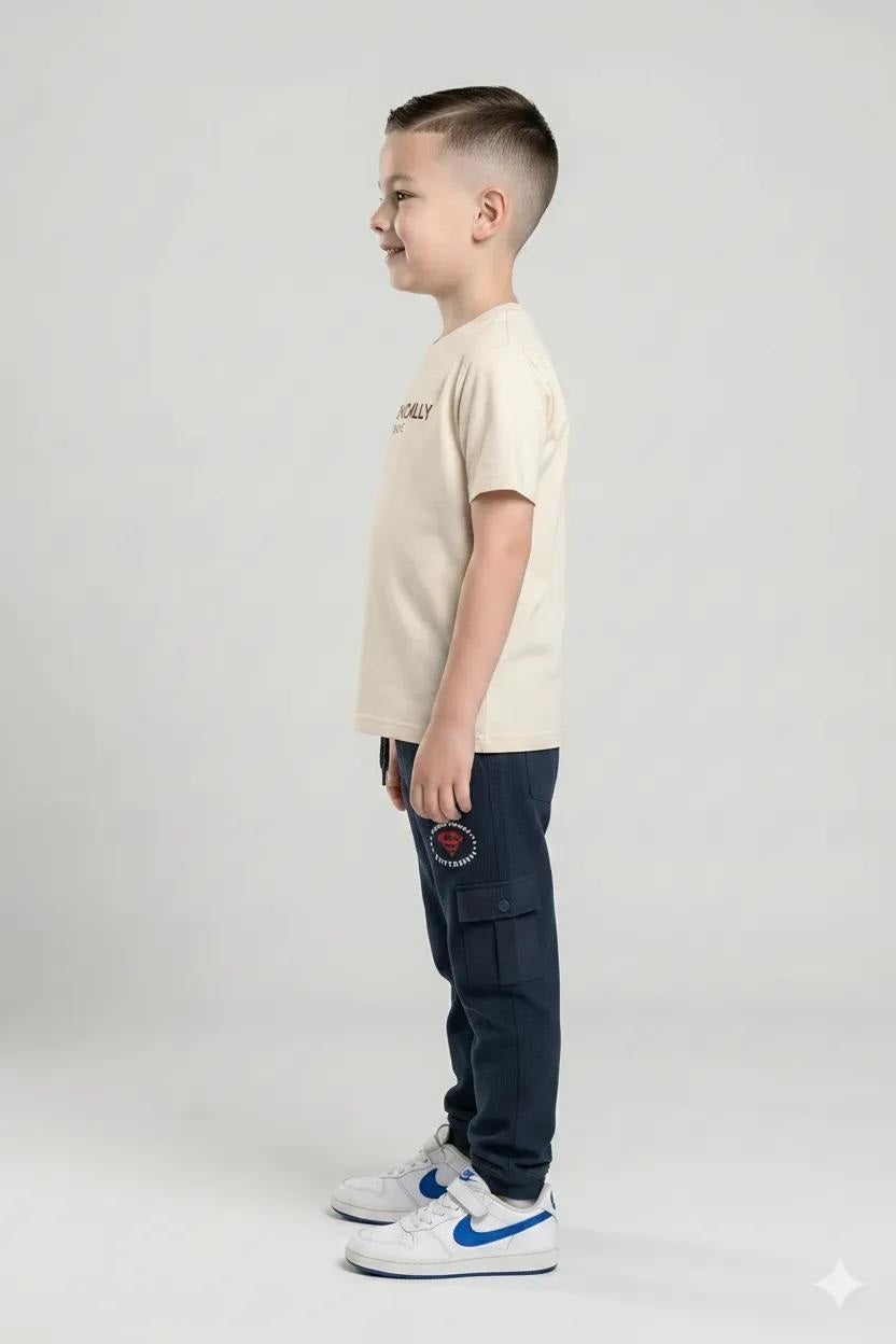Boys Navy Regular Fit Brand Logo Printed Cotton Joggers