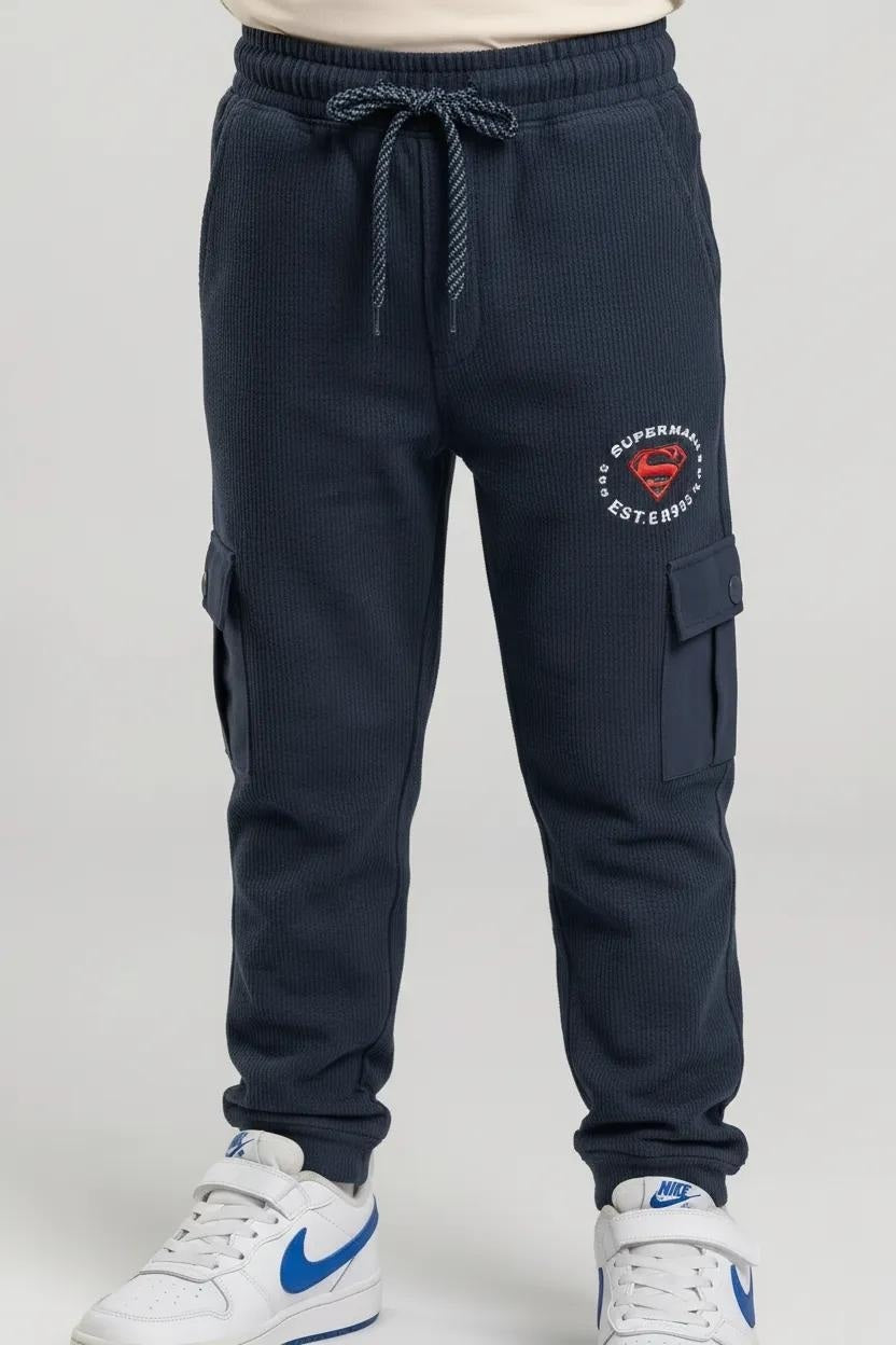 Boys Navy Regular Fit Brand Logo Printed Cotton Joggers