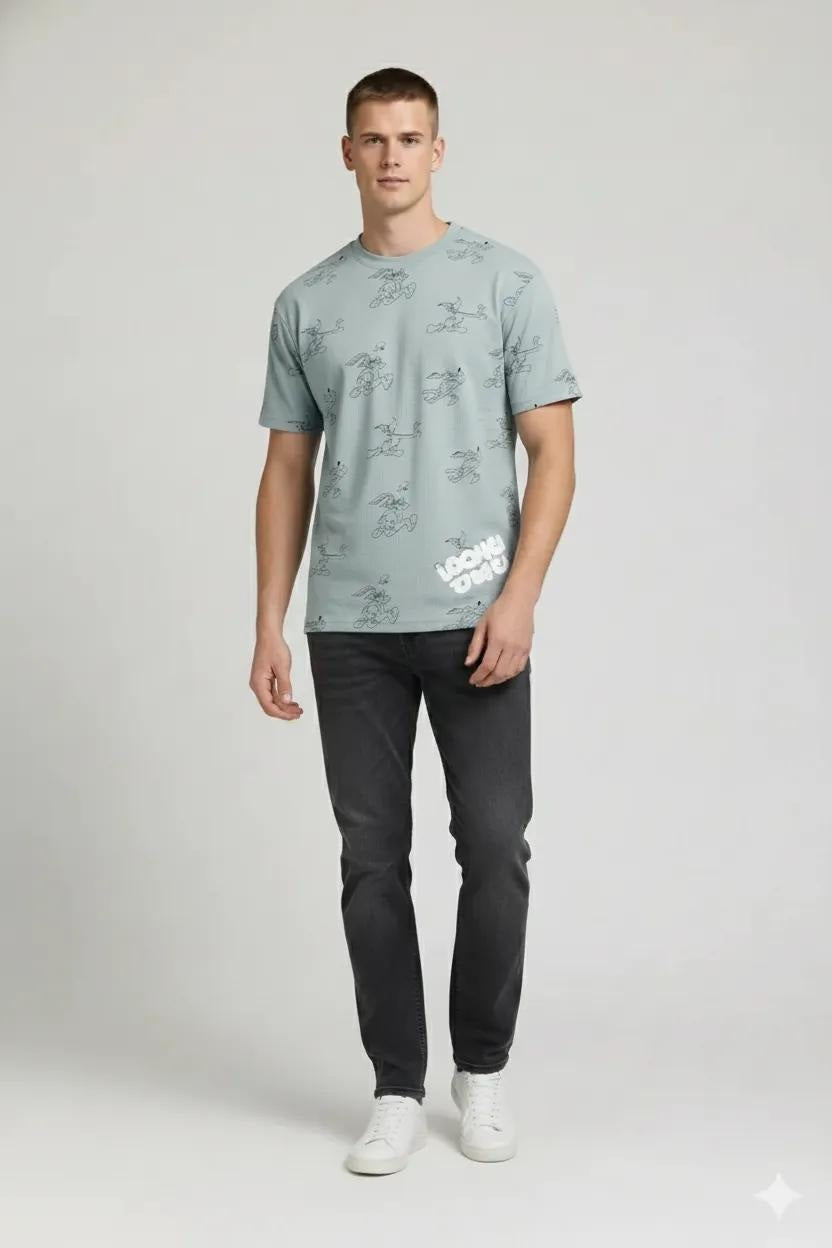 Men Pearl Blue Looney Tunes Printed T-shirt