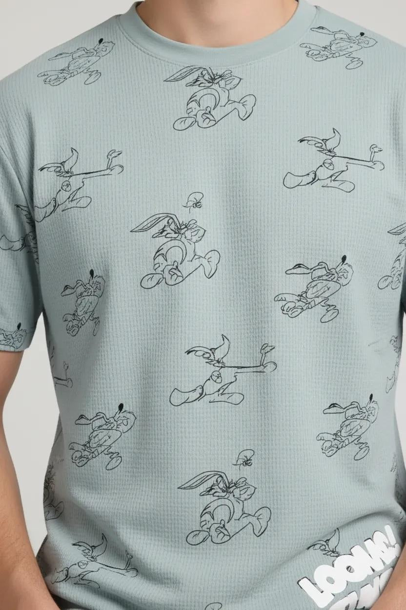 Men Pearl Blue Looney Tunes Printed T-shirt
