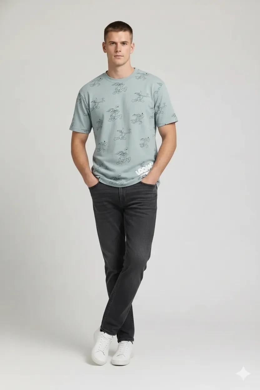 Men Pearl Blue Looney Tunes Printed T-shirt
