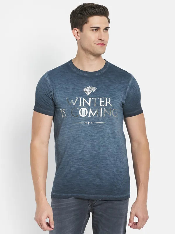 Octave Men Blue Typography Printed Raw Edge T-Shirt