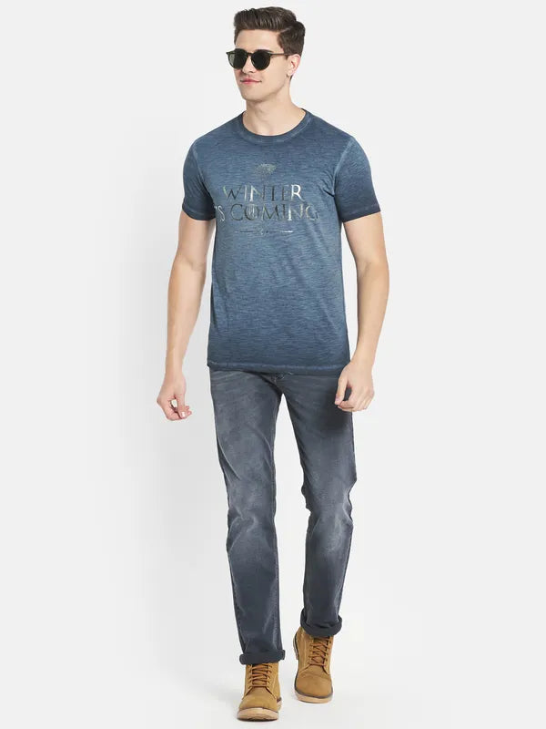 Octave Men Blue Typography Printed Raw Edge T-Shirt