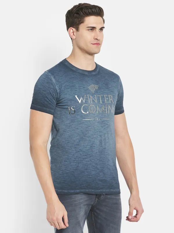 Octave Men Blue Typography Printed Raw Edge T-Shirt