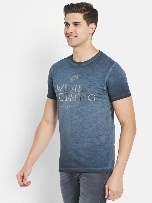 Octave Men Blue Typography Printed Raw Edge T-Shirt
