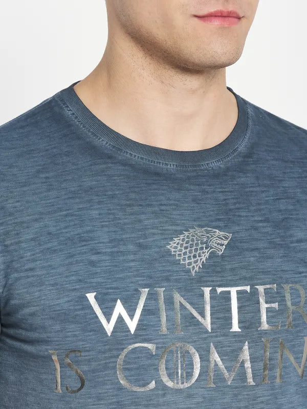 Octave Men Blue Typography Printed Raw Edge T-Shirt
