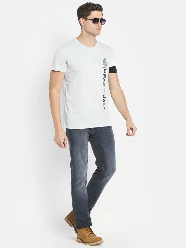 Octave Men Grey Typography Printed Applique T-Shirt