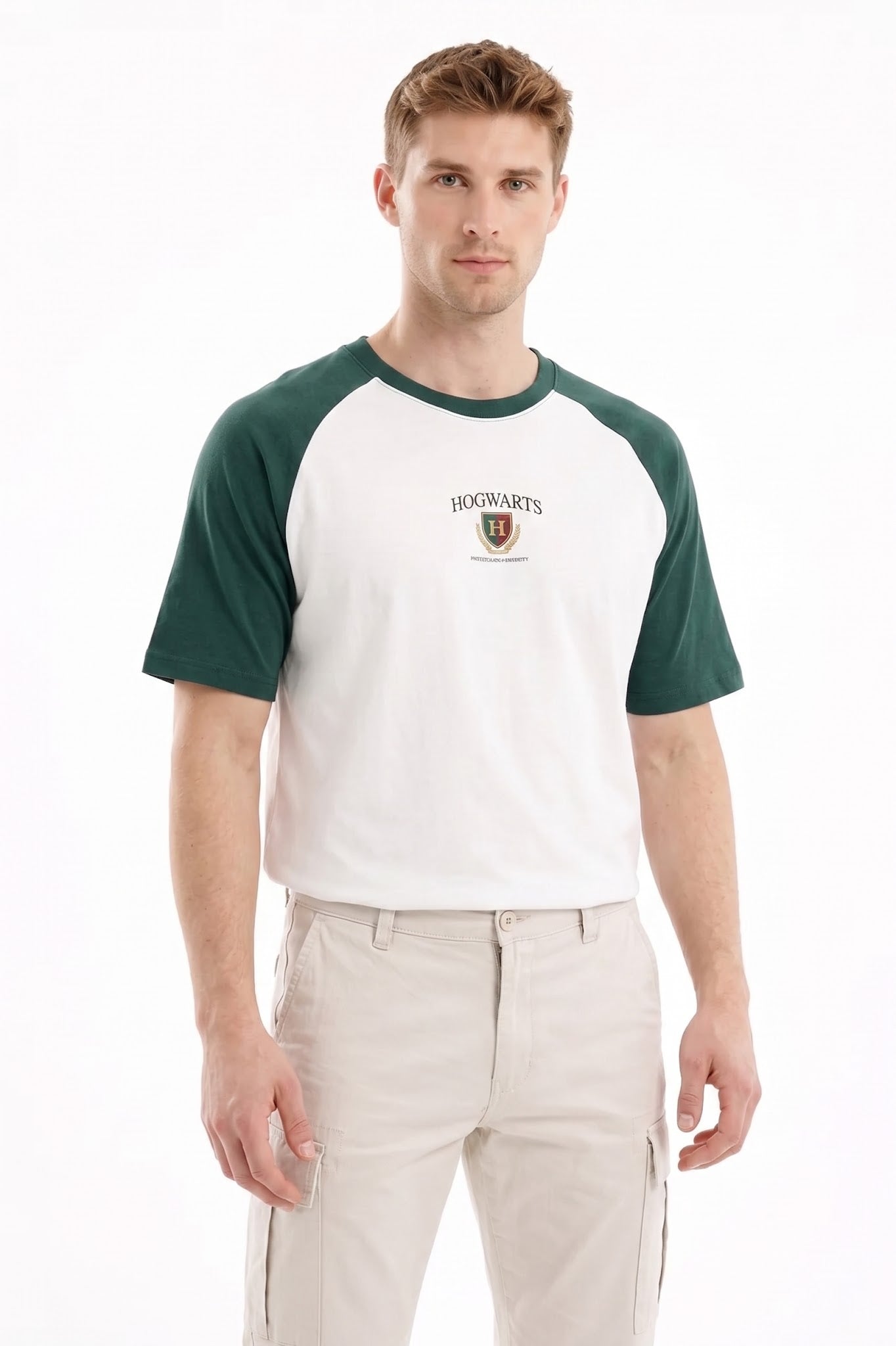 Men Bottle Green Brand Logo Colourblocked T-shirt