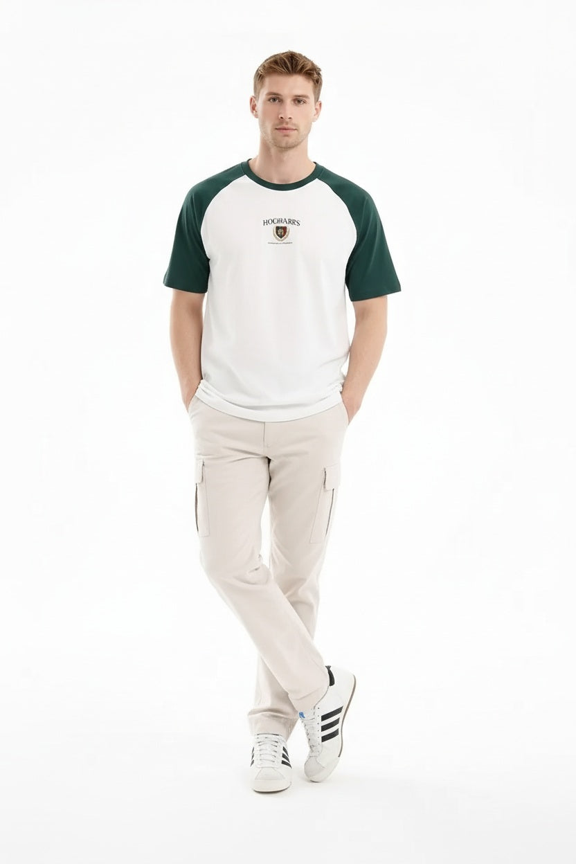 Men Bottle Green Brand Logo Colourblocked T-shirt