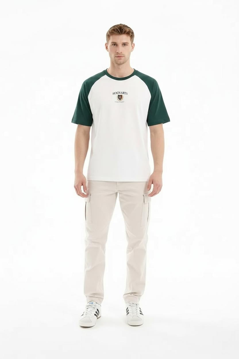 Men Bottle Green Brand Logo Colourblocked T-shirt
