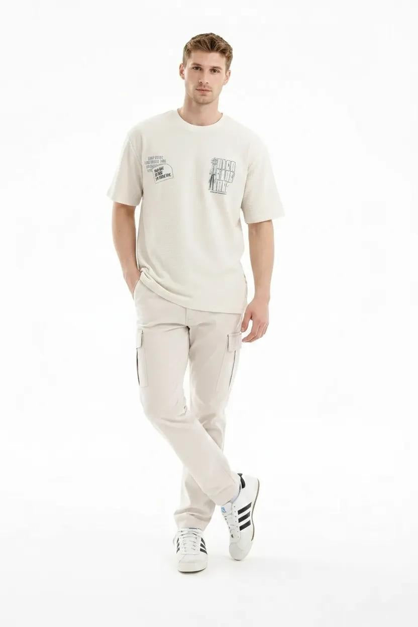 Men Off White Printed Pockets T-shirt