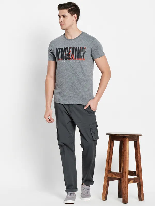 Octave Men Grey Typography Printed Applique T-Shirt