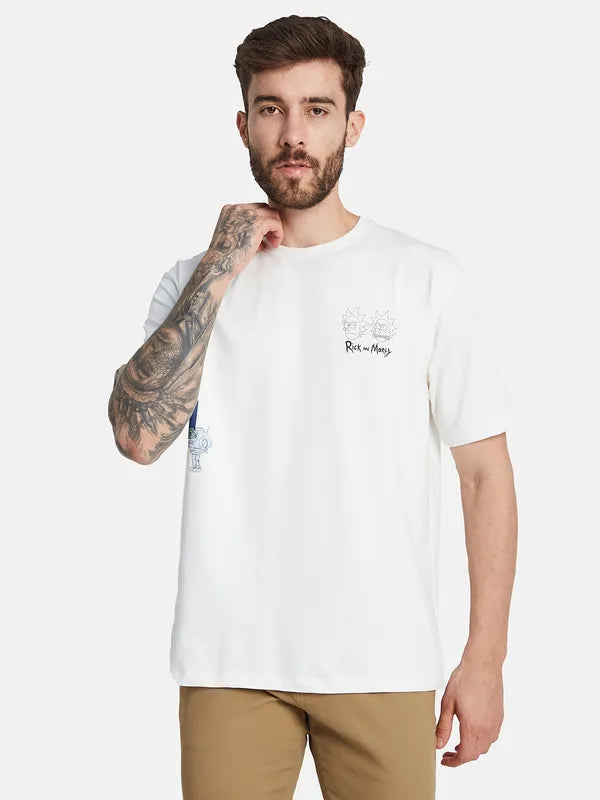 Octave Round Neck Drop Shoulder Sleeves Typographic Printed Regular Fit Cotton T-Shirt