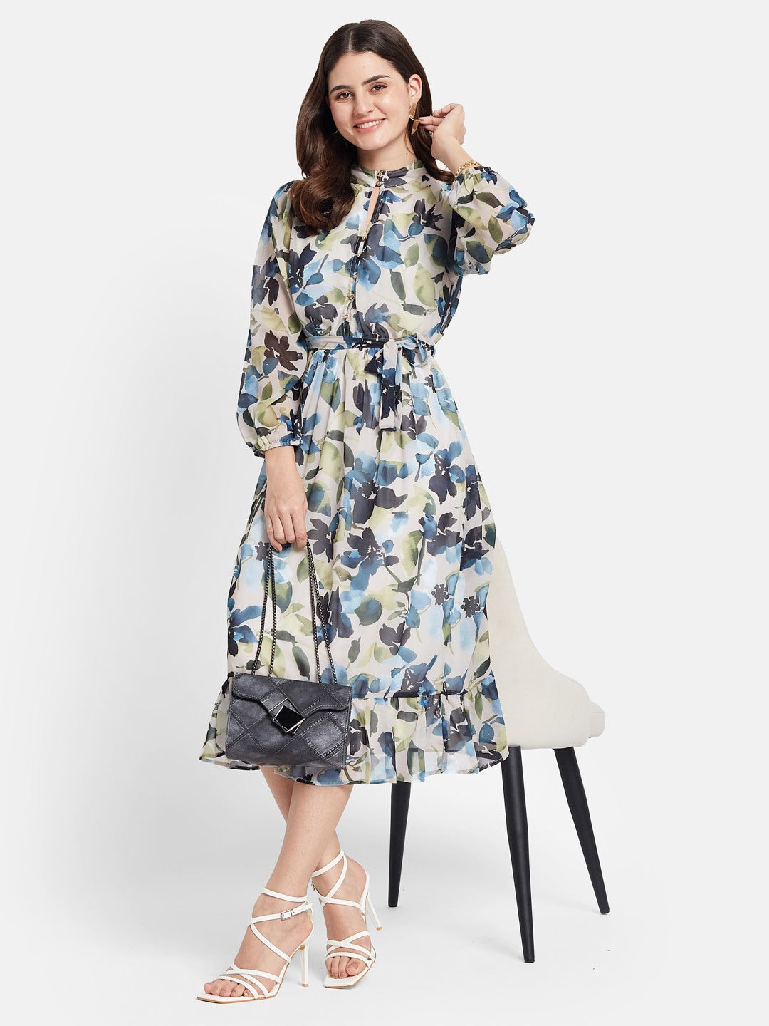 METTLE Floral Print Puff Sleeves Mock Neck Fit & Flare Dress