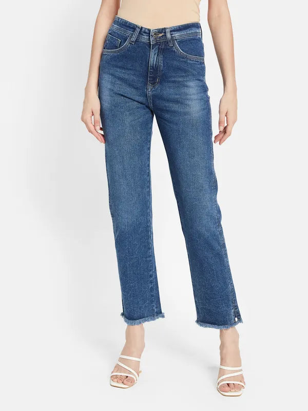 Denim Straight Fit Jeans With Side Slit