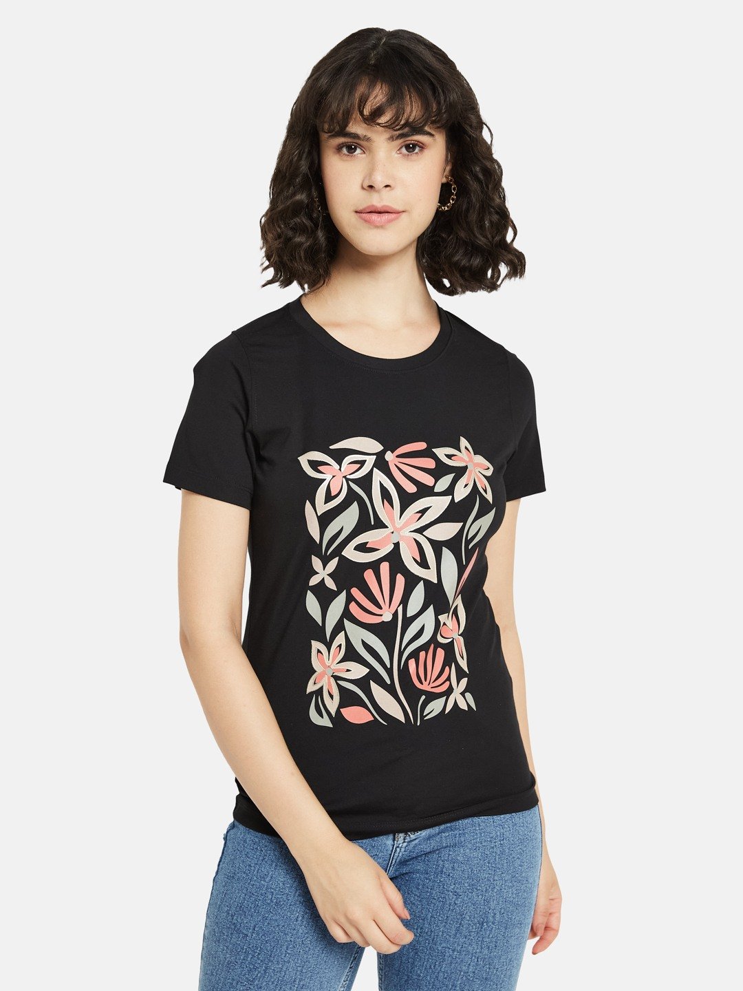METTLE Women Floral Printed Round Neck Cotton T-shirt