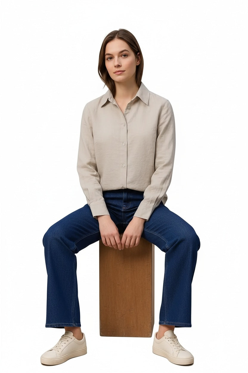 Women Beige Solid Polo Neck Shirt
