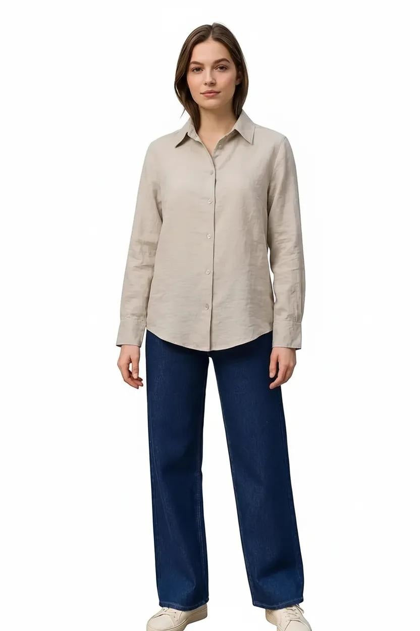 Women Beige Solid Polo Neck Shirt