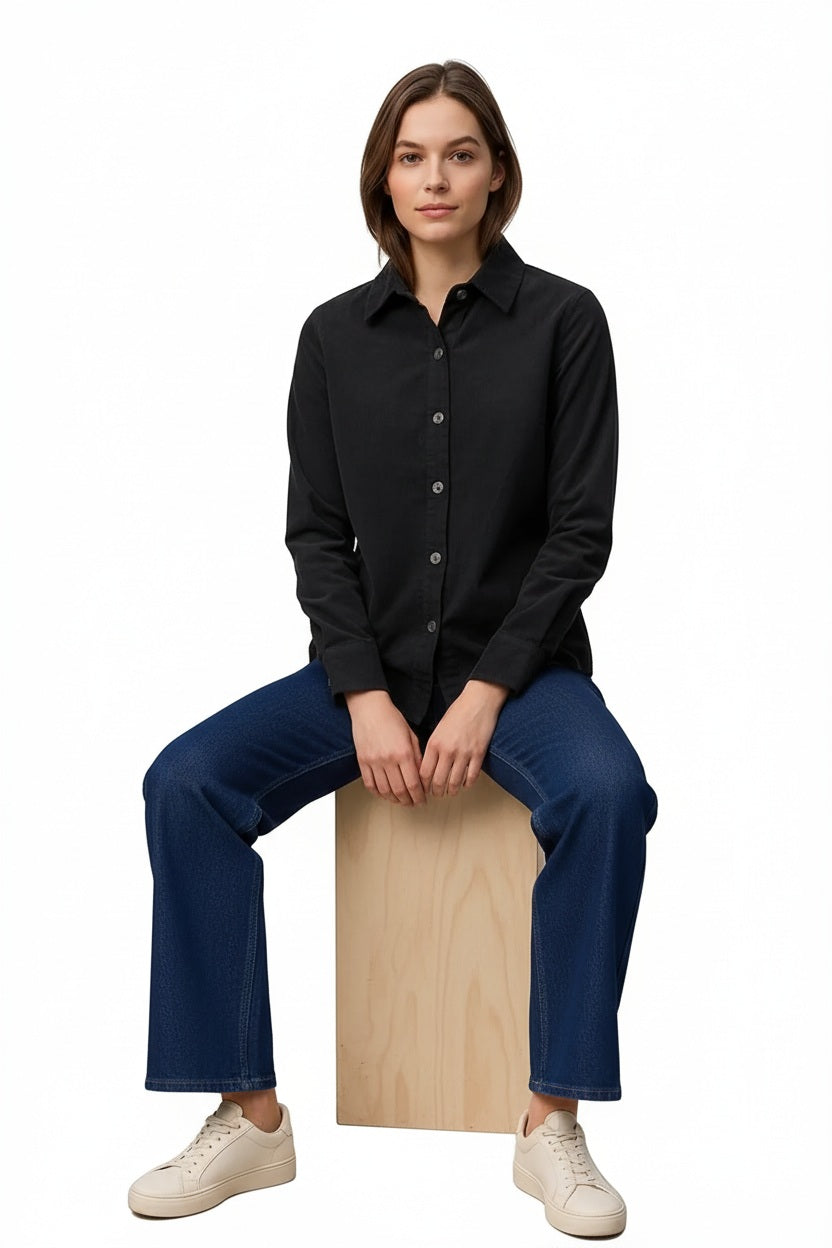 Women Black Solid Polo Neck Shirt