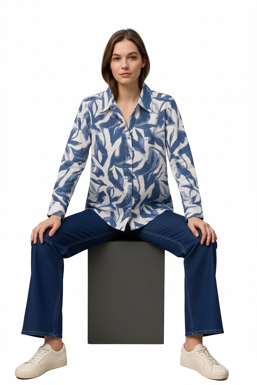 Women Denim Floral Polo Neck Shirt