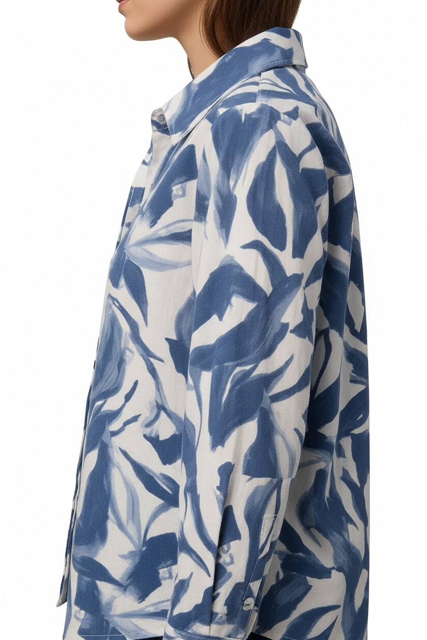 Women Denim Floral Polo Neck Shirt