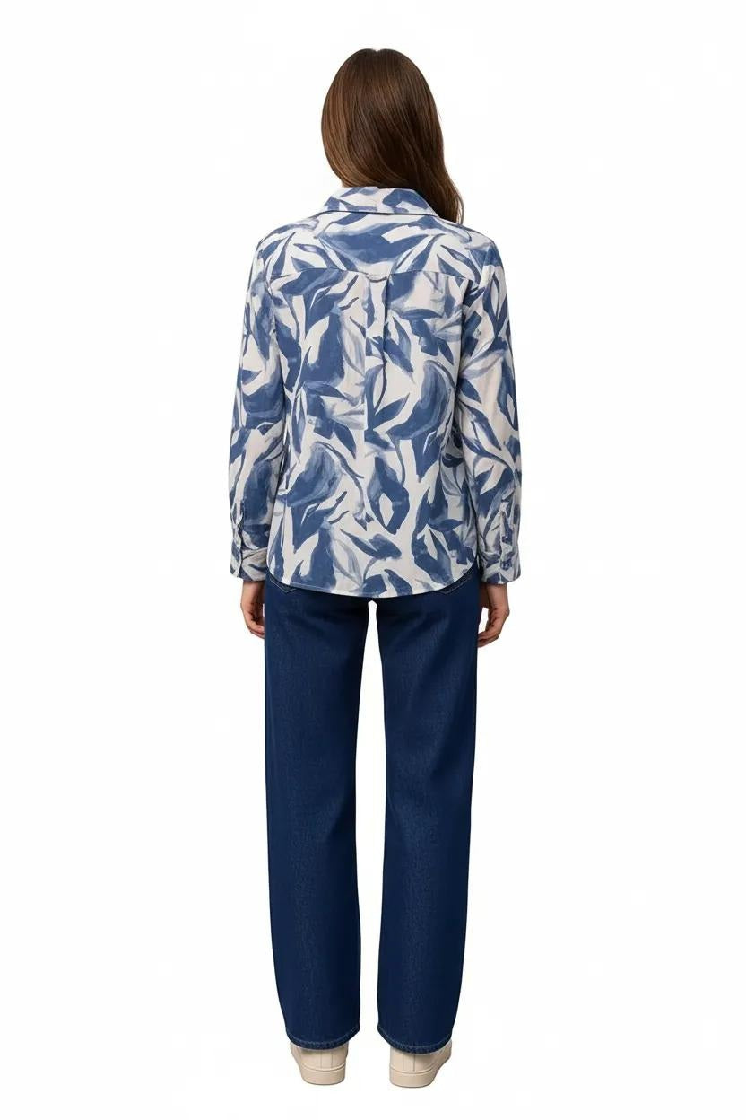 Women Denim Floral Polo Neck Shirt