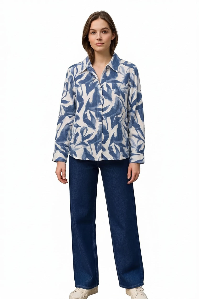 Women Denim Floral Polo Neck Shirt