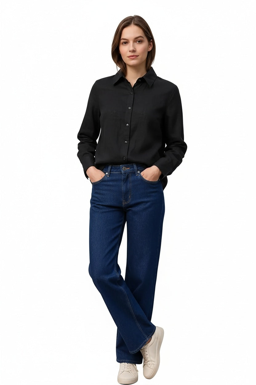 Women Black Solid Polo Neck Shirt