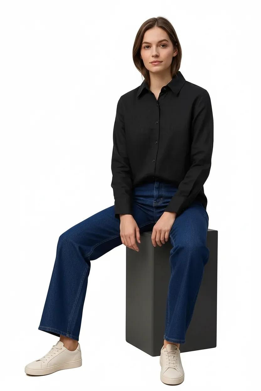 Women Black Solid Polo Neck Shirt