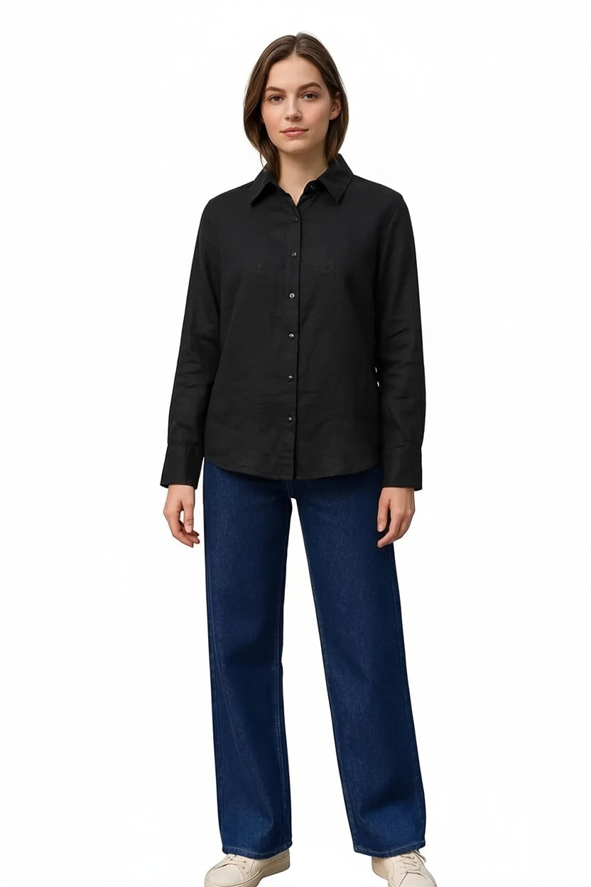 Women Black Solid Polo Neck Shirt