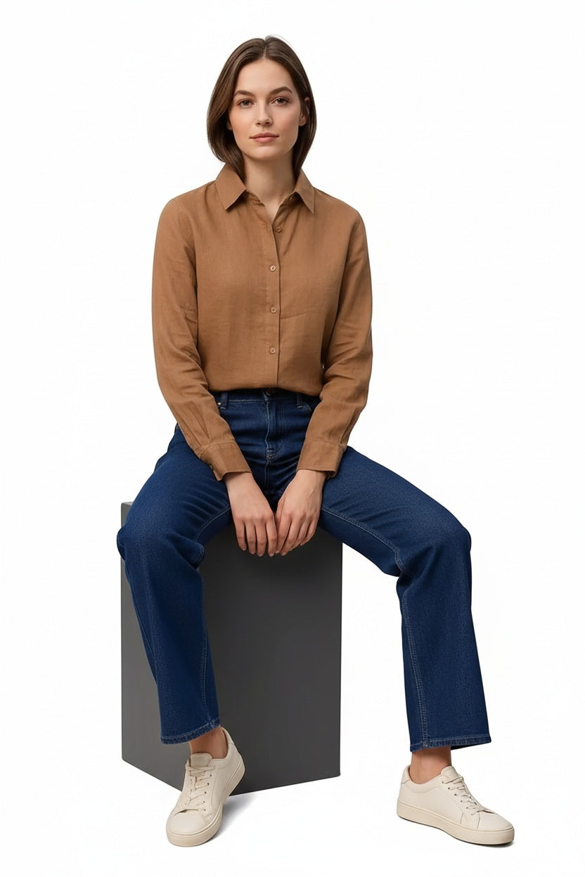 Women Light Rust Solid Polo Neck Shirt