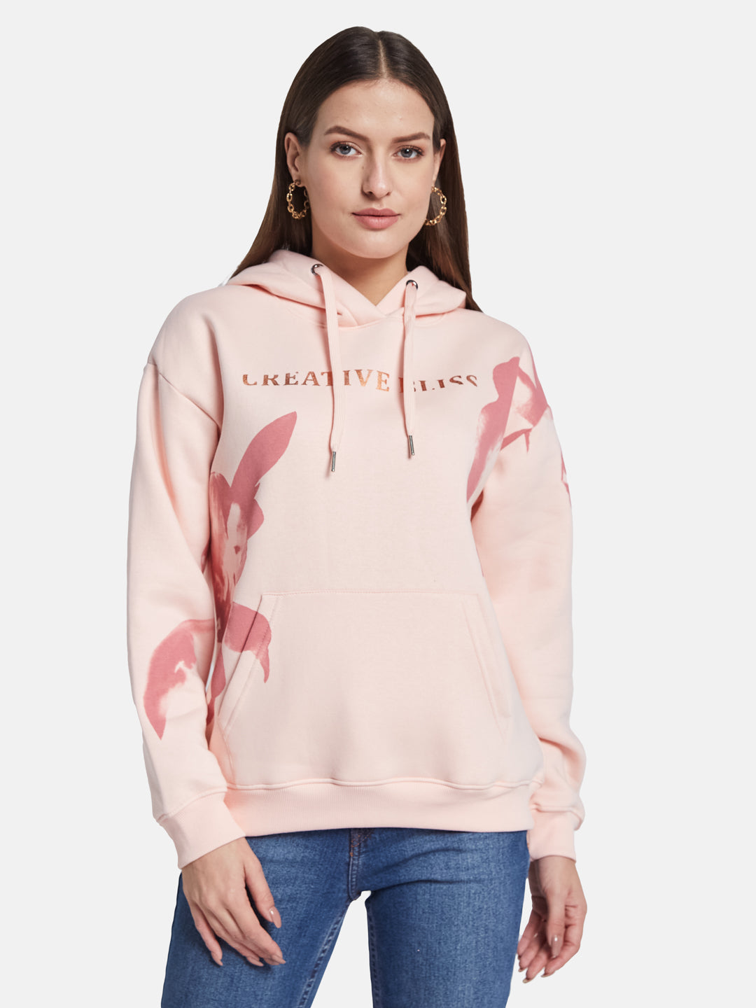 METTLE Women Printed Hooded Pullover Sweatshirt