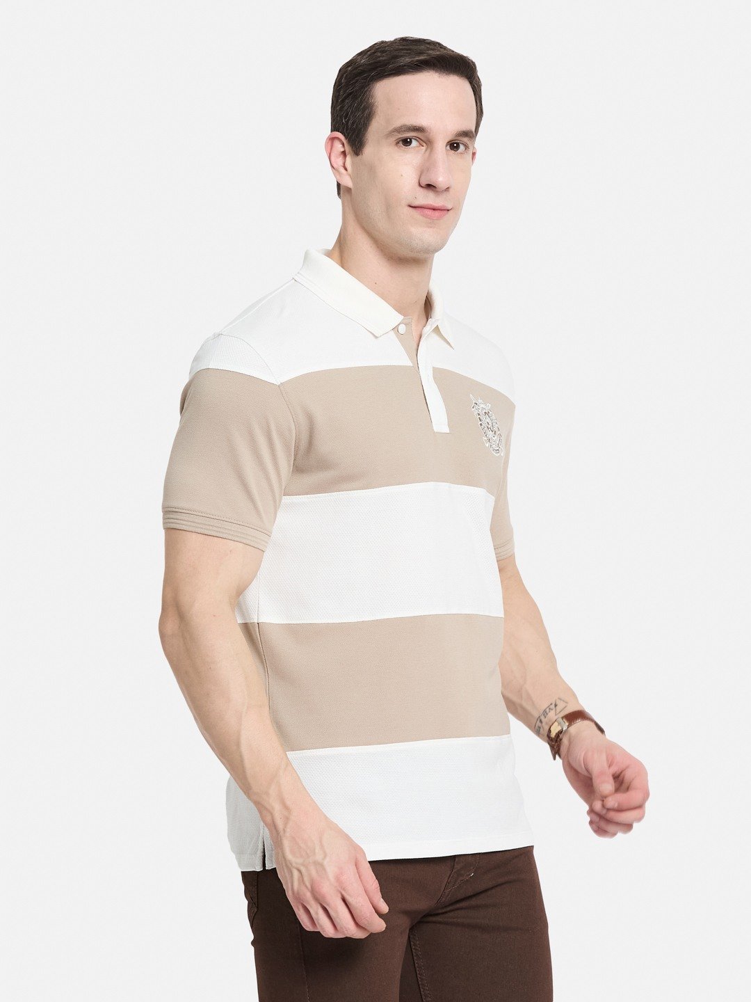 COLOUR BLOCKED CUTN SEW STRIPE EMBROIDED APPLIQUE  T-SHIRT