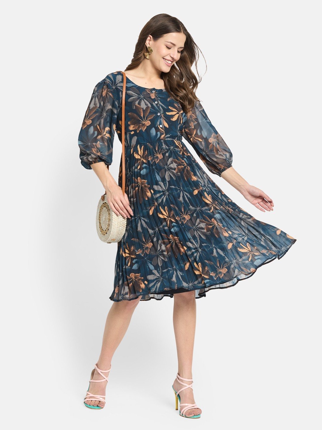 METTLE  Women Floral Print Puff Sleeve Fit & Flare Dress