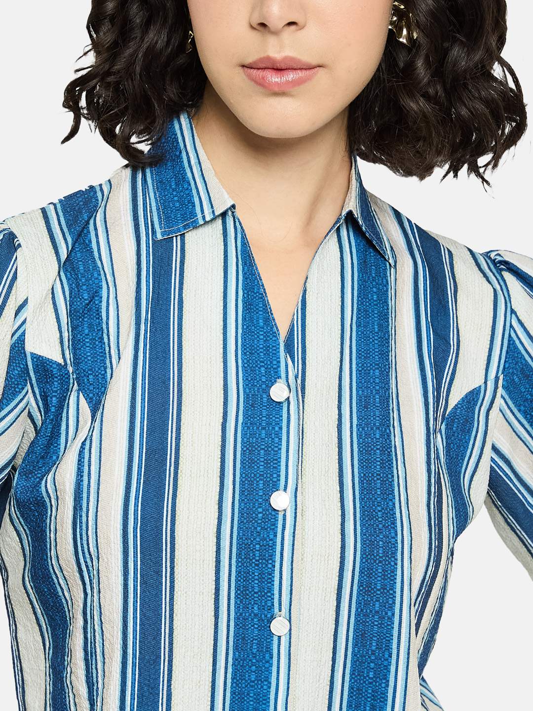 METTLE Women Spread Collar Vertical Striped Cotton Casual Shirt