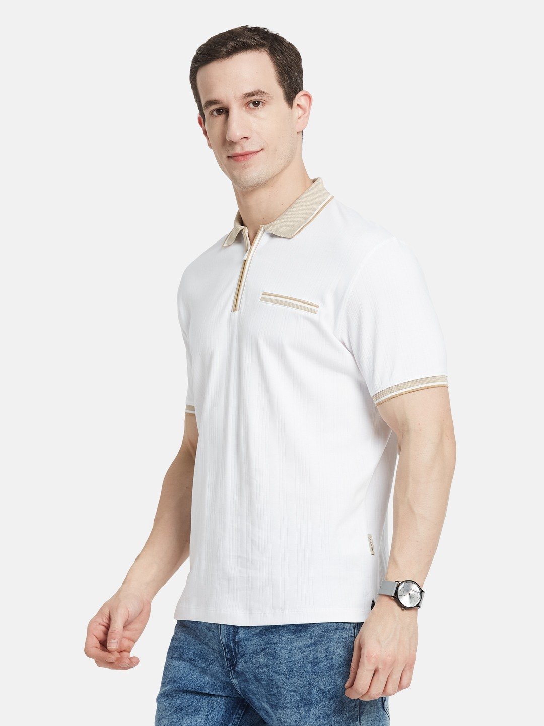 VERTICAL STRIPE HALF-ZIP POLO NECK DROP NEEDLE INTERLOCK T-SHIRT