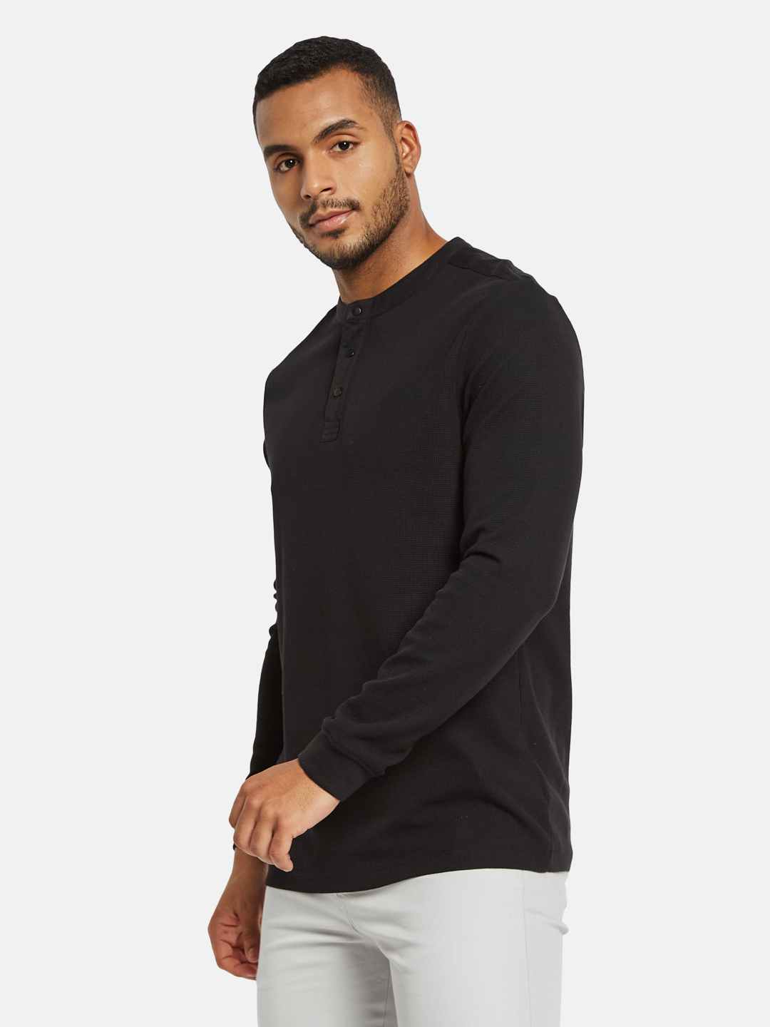 METTLE Men Mandarin Collar Raw Edge T-shirt