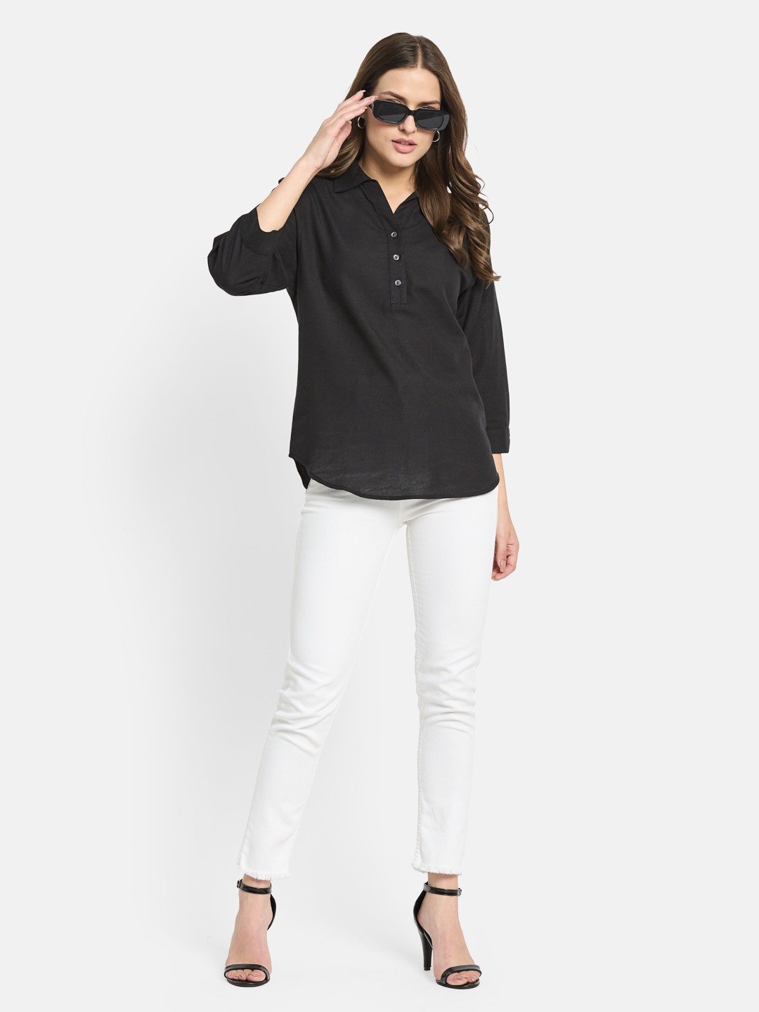 METTLE Women Black Cotton Shirt Collar Top