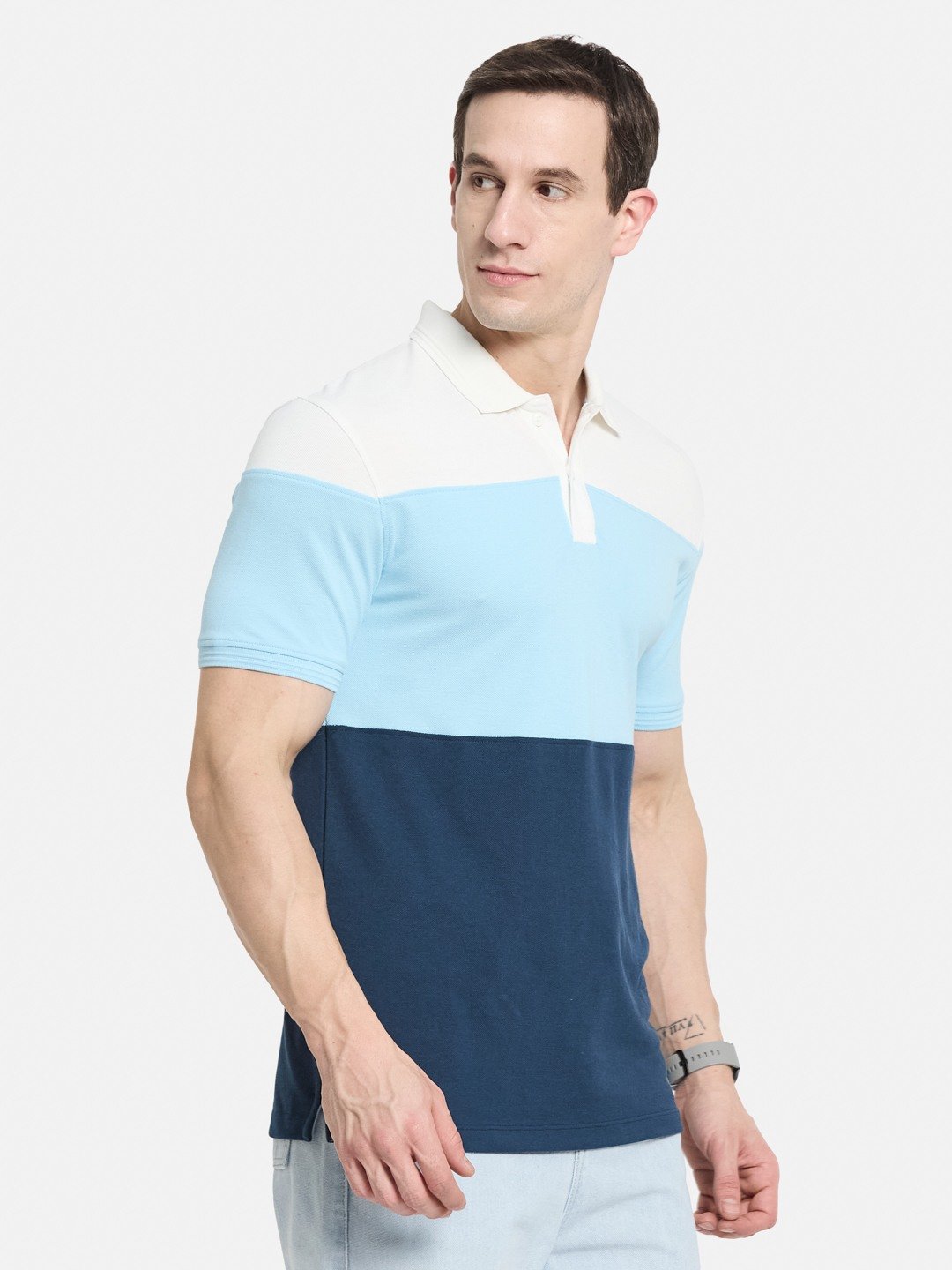COLOUR BLOCT CUT N SEW POLO NECK PIQUE T-SHIRT