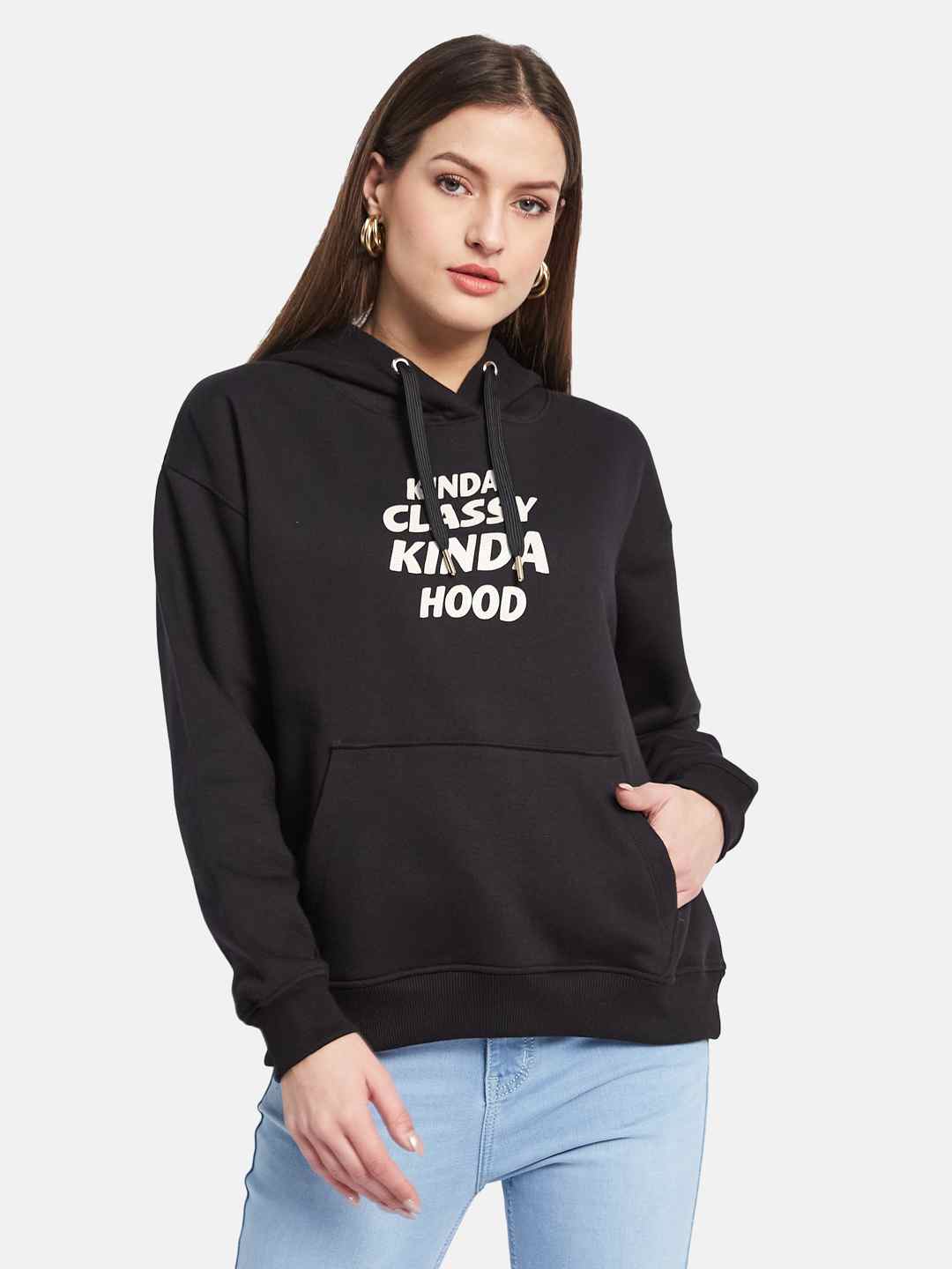 METTLE Women Printed Hooded Sweatshirt