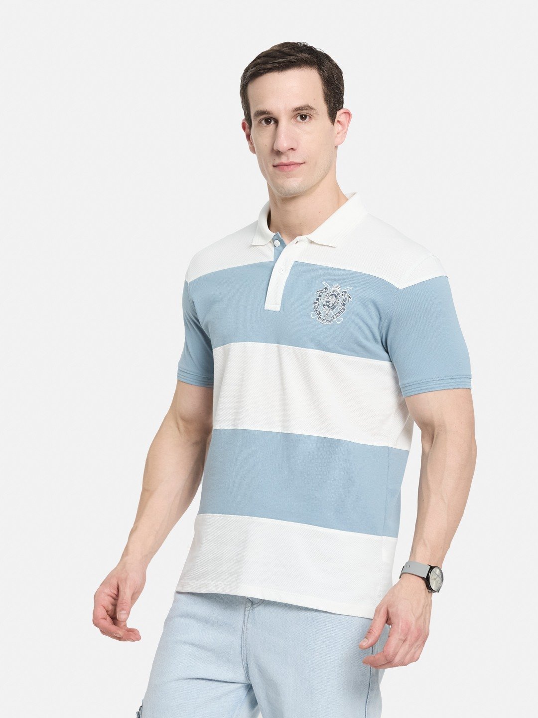 COLOUR BLOCKED CUTN SEW STRIPE EMBROIDED APPLIQUE  T-SHIRT
