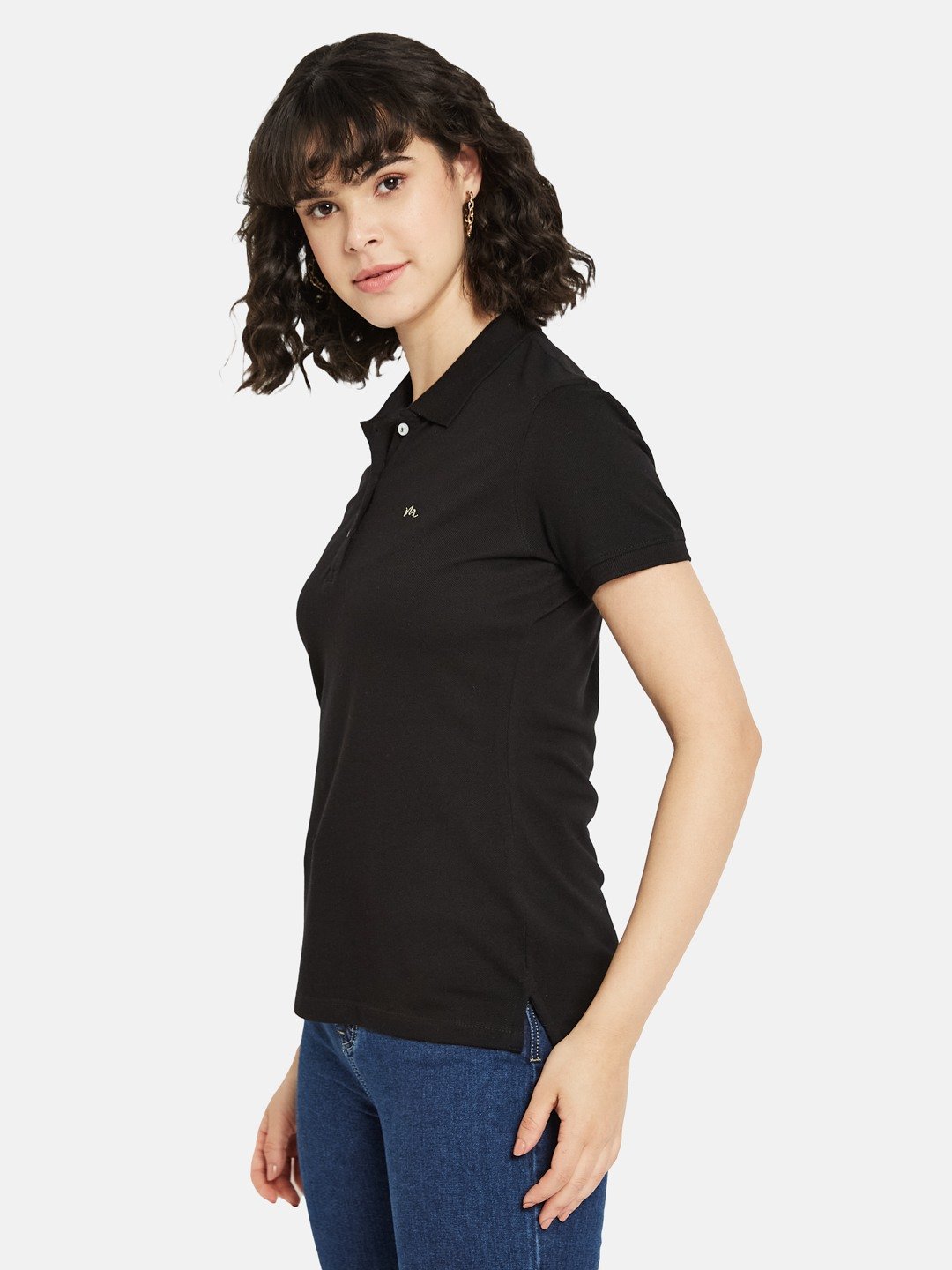 METTLE Women Solid Polo Collar Cotton T-shirt