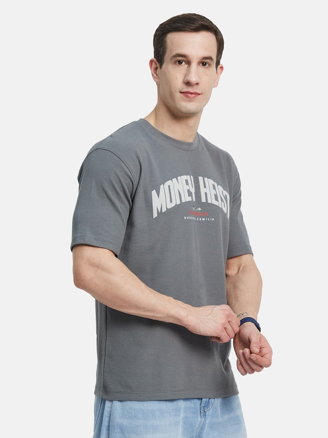 OVERSIZED NETFLIX MONEY HEIST PRINT ROUND NECK WAFFLE KNIT T-SHIRT