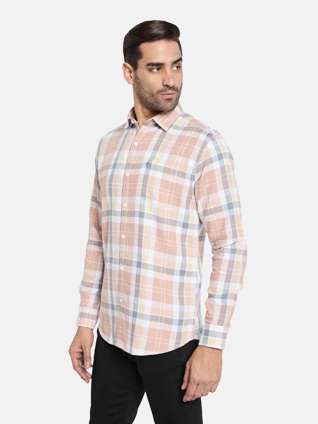 METTLE Men Spread Collar Tartan Checked Cotton Casual Shirt