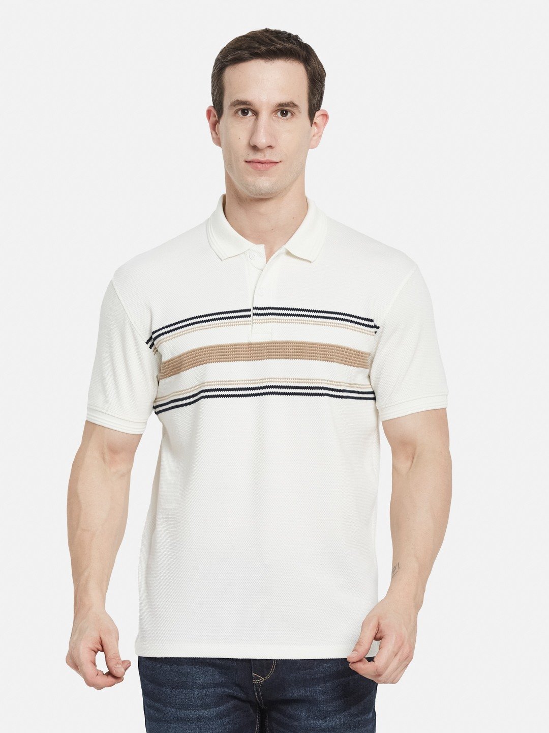 HORIZONTAL STRIPE POLO NECK POPCORN KNIT  T-SHIRT